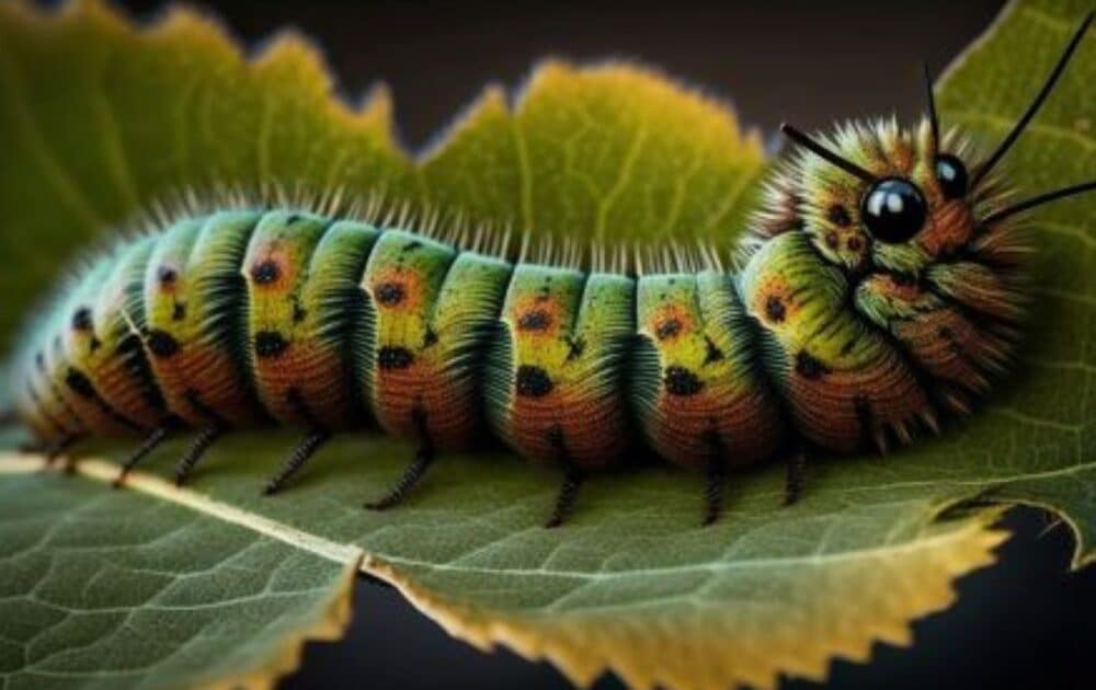 bunte Raupe kriecht auf grünem Blatt, von KI erzeugt von vecstock auf Freepik